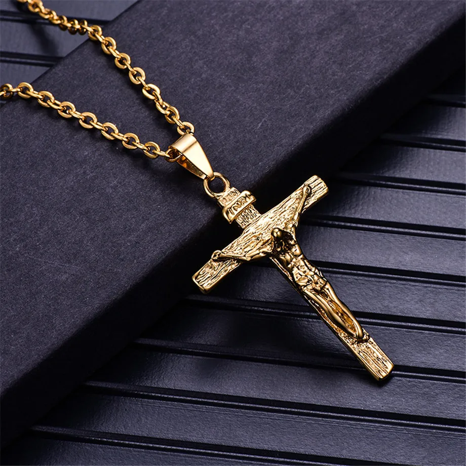 

Men Chain Christian Jewelry Gifts Vintage Cross INRI Crucifix Jesus Piece Pendant & Necklace Gold Color Stainless Steel