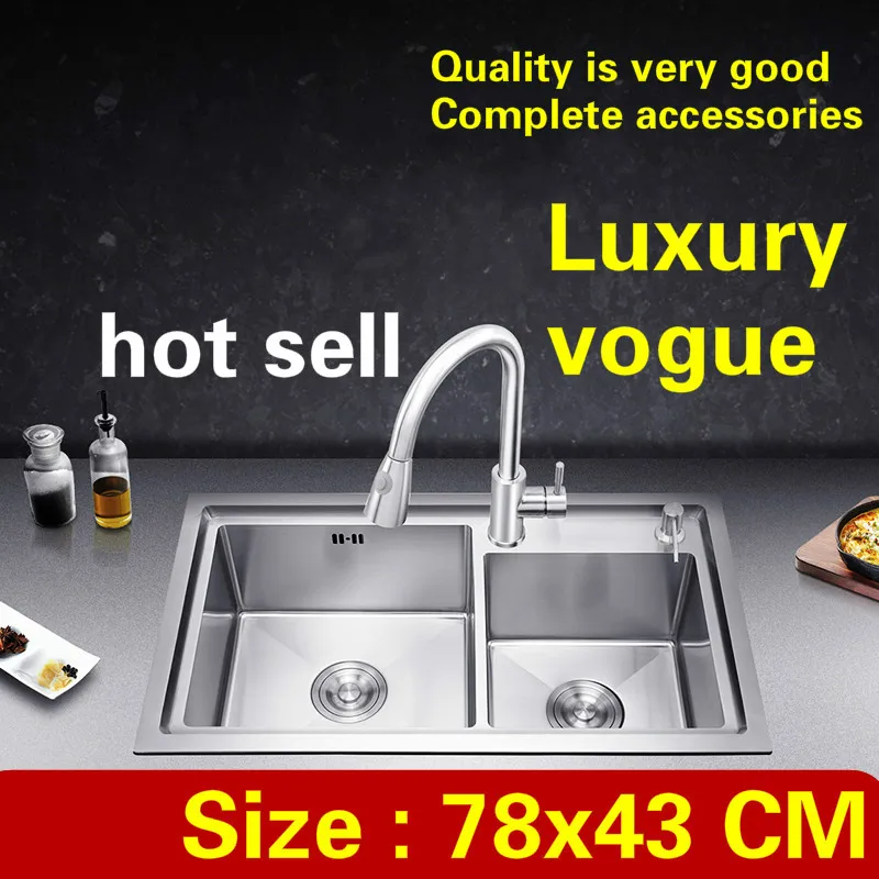 

Free shipping Apartment kitchen manual sink double groove 304 stainless steel high quality do the dishes hot sell 780x430 MM