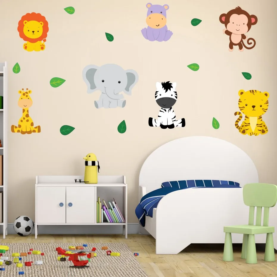 Jungle Animals With Leaves Decals Vinyl Sticker For Kids Nursery Bedroom Removable Wallpaper Home Decor Modern Wall Art Murals (3)