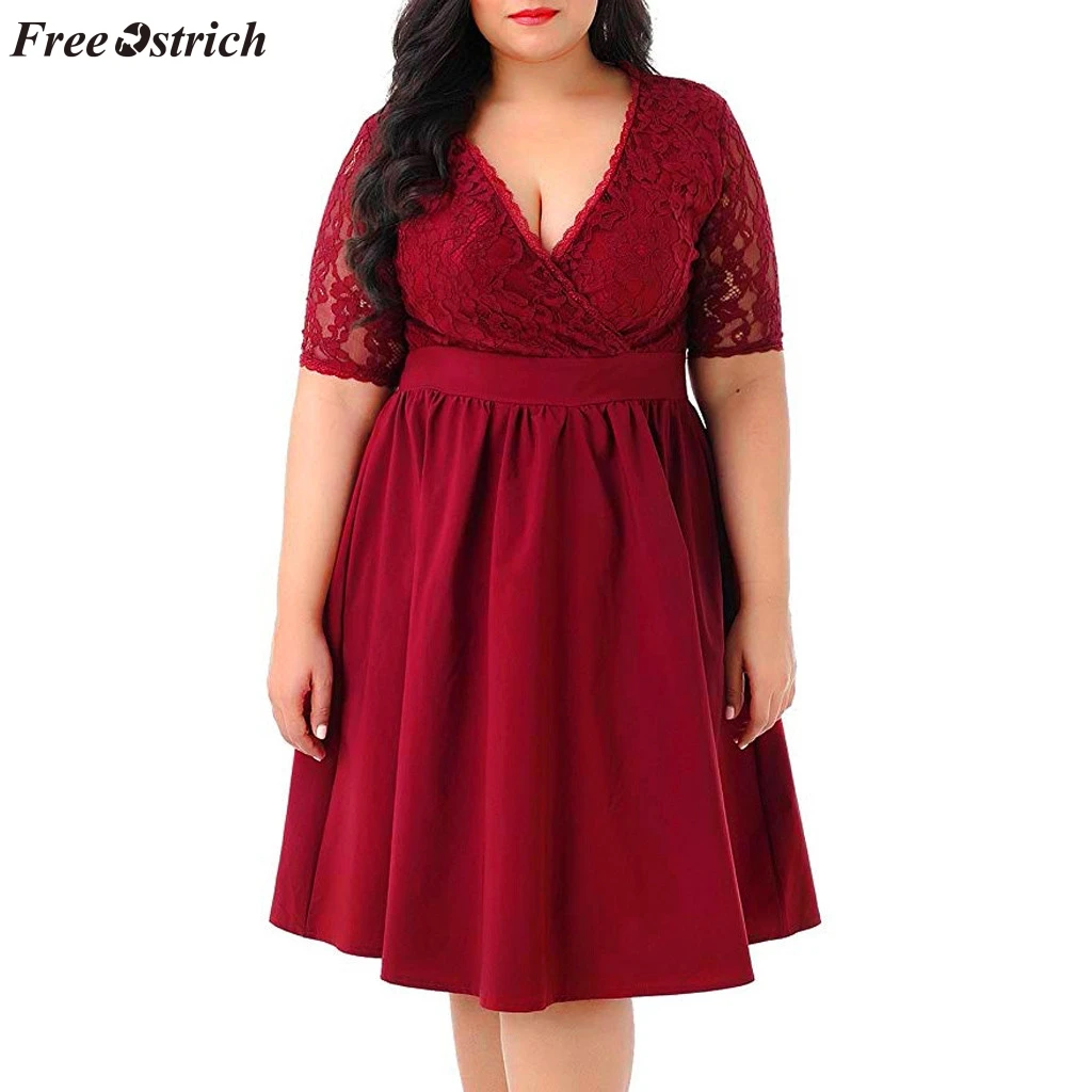 

FREE OSTRICH Women's large size V-neck short-sleeved daily dress sexy lace fight waist simple comfortable Regular Empire dress