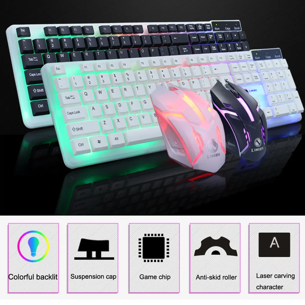 Set Keyboard English Letters LEDs USB Luminous Colorful LED Illuminated Backlit USB Wired PC Rainbow Gaming Keyboard Mouse Set
Set Keyboard English Letters LEDs USB Luminous Colorful LED Illuminated Backlit USB Wired PC Rainbow Gaming Keyboard Mouse Set
