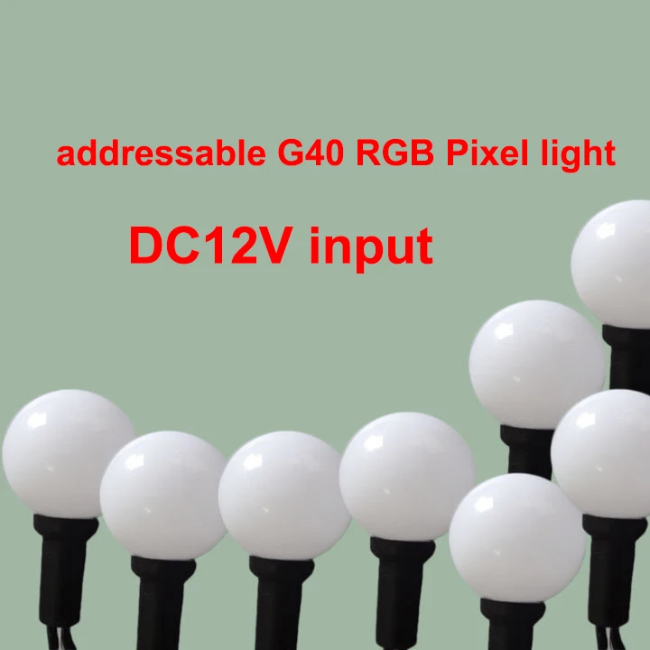 50nodes addressable Ball RGB G40 DC12V WS2811 LED Christmas pixel string light;6inches(15cm) wire spacing;all Green wire;IP68
50nodes addressable Ball RGB G40 DC12V WS2811 LED Christmas pixel string light;6inches(15cm) wire spacing;all Green wire;IP68