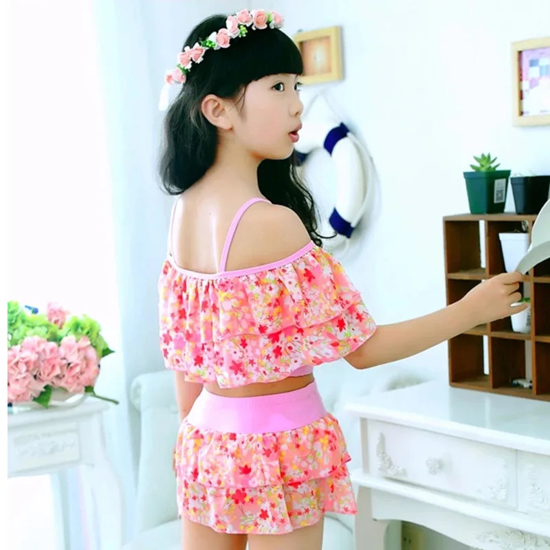 Girls Two Pieces Suits For Swimming Children Polyester Swimwear Kids Floral Bathing Suit Swim Wear Big Girl Swimsuits 3-15 Years 3