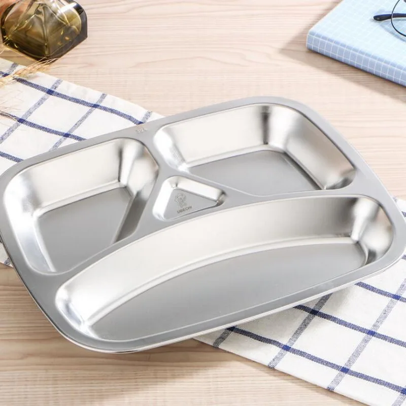 Stainless steel grid snack plate deep thick 2/3 grid students adult canteen tableware metal snack plate Stainless steel grid snack plate deep thick 2/3 grid students adult canteen tableware metal snack plate