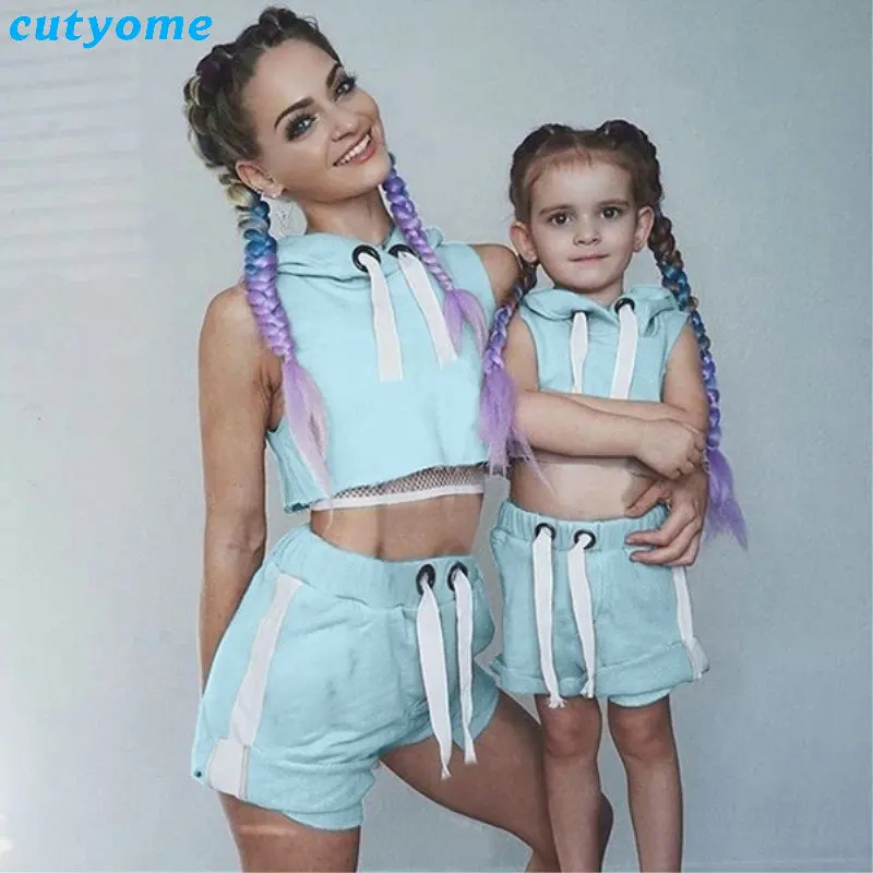 Mommy And Me Summer Sport Mathing Clothing Set Sleeveless Hooded tshirt+Cotton Skirt For Family Mother Daughter Clothes Outfits (3)