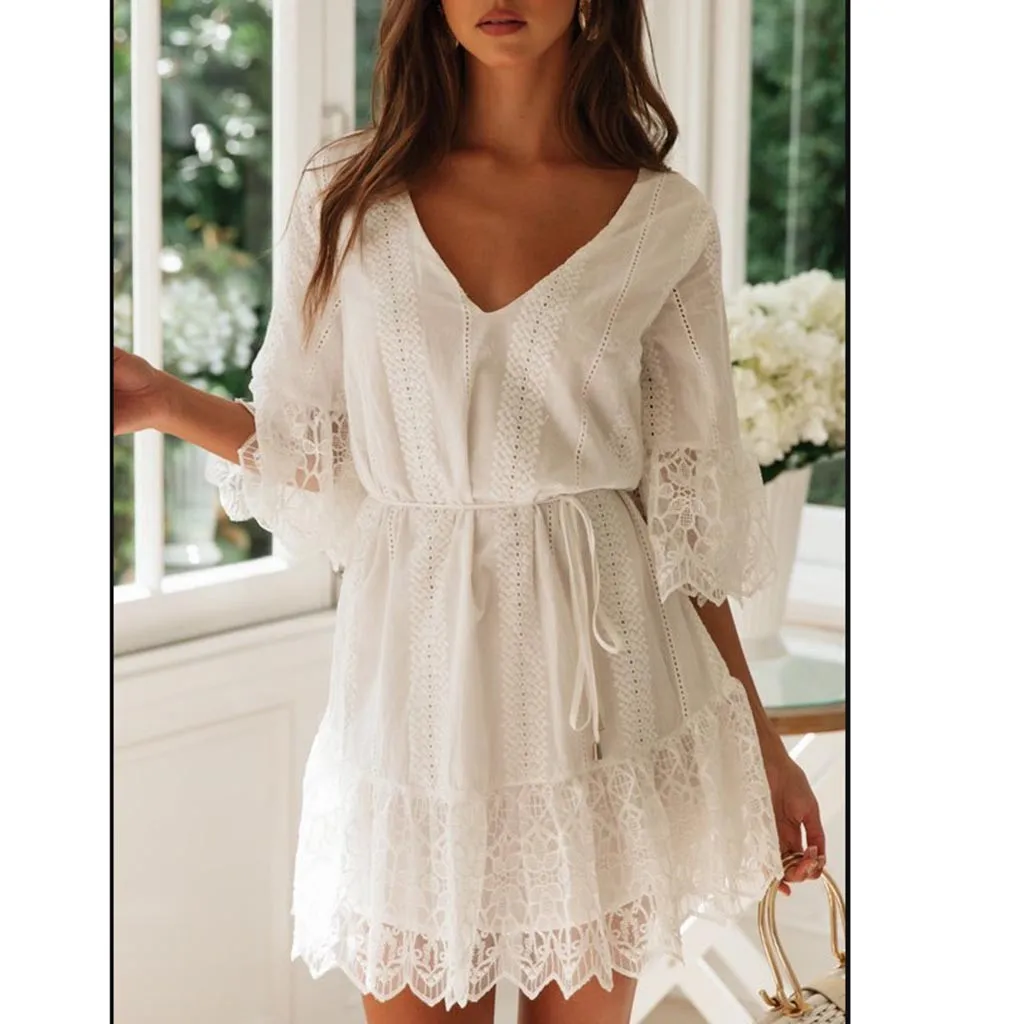 2019 Summer Dress Women Solid V-neck Half Sleeve Lace Patchwork Casual Tie Party Mini Dress Ladies Elegant A Line Dress Vestidos
2019 Summer Dress Women Solid V-neck Half Sleeve Lace Patchwork Casual Tie Party Mini Dress Ladies Elegant A Line Dress Vestidos