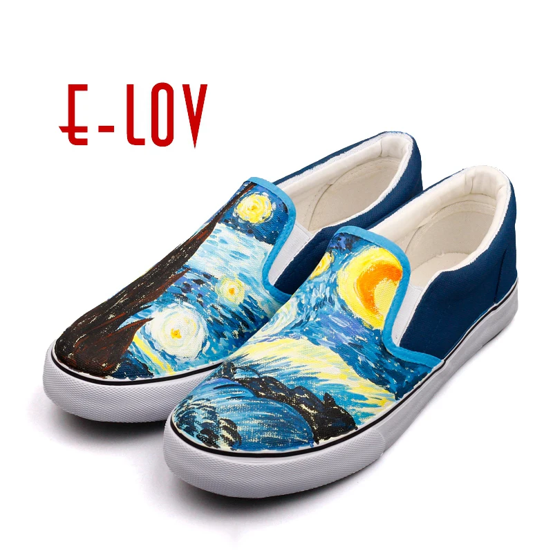 Фото E-LOV Slip On Shoes For Women 2018 Starry Night Famous Painting Flats Spring Hand-Painted Canvas | Обувь