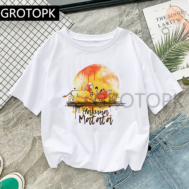 Female Lion King Hakuna Matata Cartoon Print Tops Girl No Warriors T-Shirt Women's Cotton White T-shirt Poleras De Mujer Moda
Female Lion King Hakuna Matata Cartoon Print Tops Girl No Warriors T-Shirt Women's Cotton White T-shirt Poleras De Mujer Moda