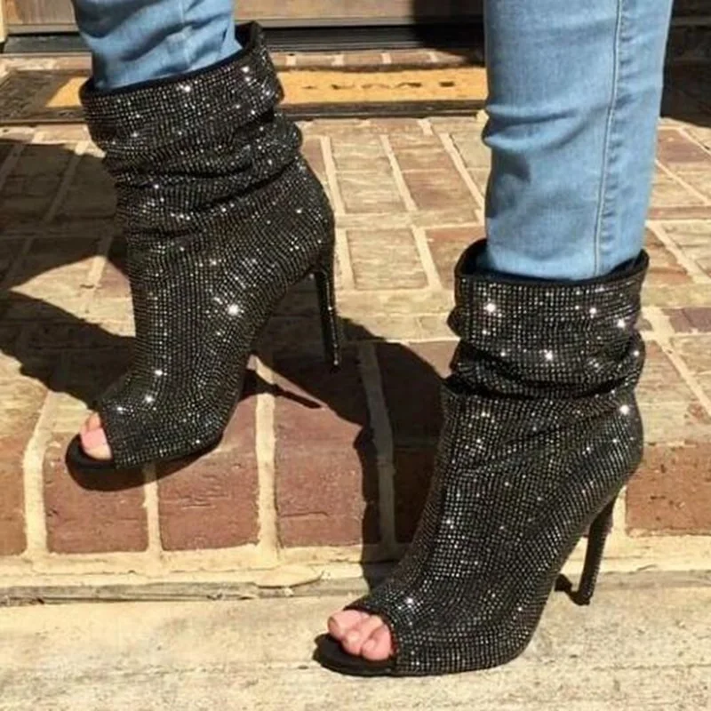 Customized Peep Toe Crystal Embellished Runway Boots Peep Toe White Black Rhinestone Ankle Boots Women Slip-on Rdding Boots
Customized Peep Toe Crystal Embellished Runway Boots Peep Toe White Black Rhinestone Ankle Boots Women Slip-on Rdding Boots