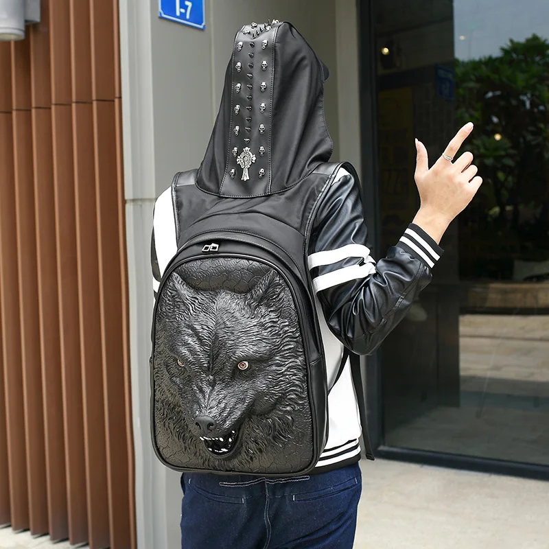 Fashion Personality Fierce wolf Embossing knife leather backpack rivets backpack with Hood cap apparel bag cross bags hiphop man Fashion Personality Fierce wolf Embossing knife leather backpack rivets backpack with Hood cap apparel bag cross bags hiphop man