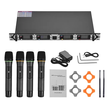 Muslady D4 Professional 4-Channel UHF Wireless Microphone System Includes 4 Handheld Mics + 1 Rack-Mount Receiver for Meeting