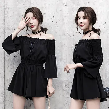 2019 Gothic Slash Neck High Waist Wide Leg Romper Women Sexy Chiffon Short Jumpsuits Flare Sleeve Solid Loose Overall
2019 Gothic Slash Neck High Waist Wide Leg Romper Women Sexy Chiffon Short Jumpsuits Flare Sleeve Solid Loose Overall