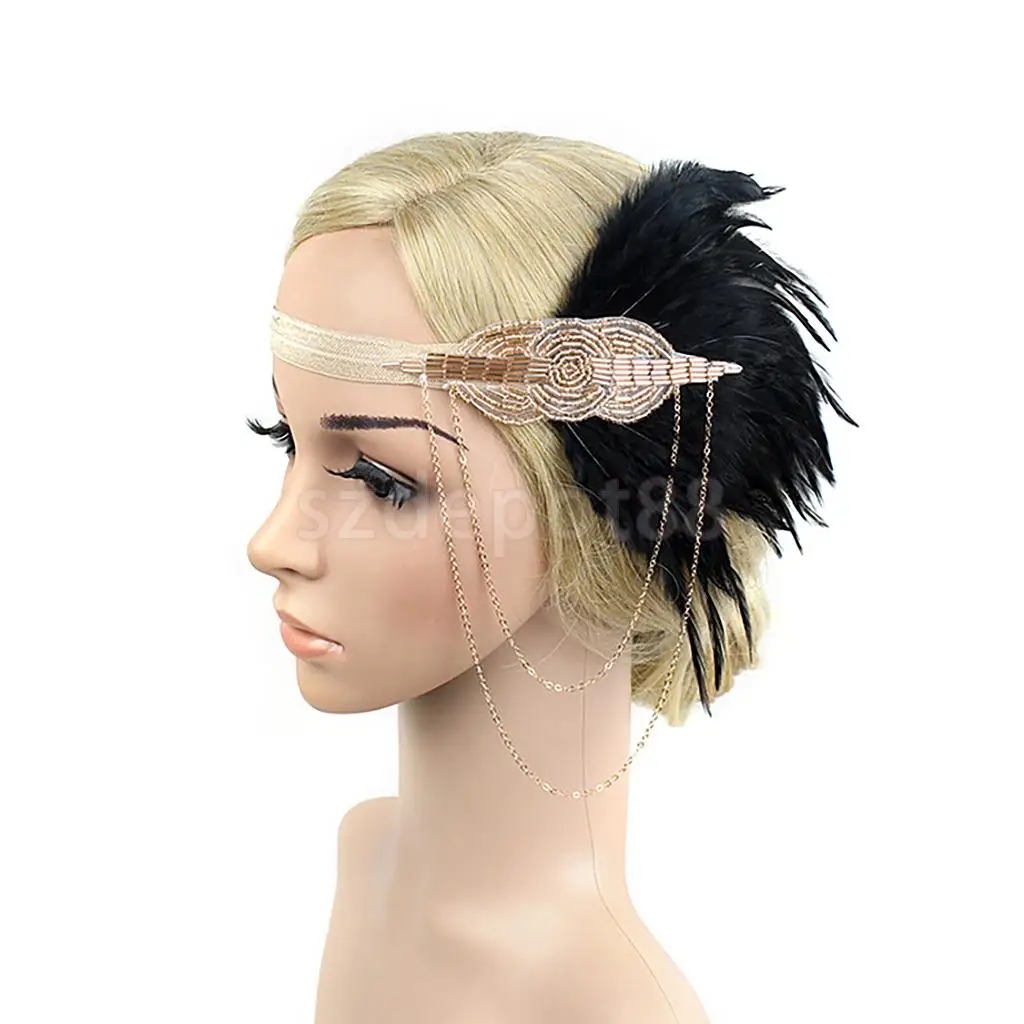 Vintage Feather Tassel Chain Plastic Beads Flapper Fascinator Headband 1920s Charleston Headpiece Women Ascot Race Headwear