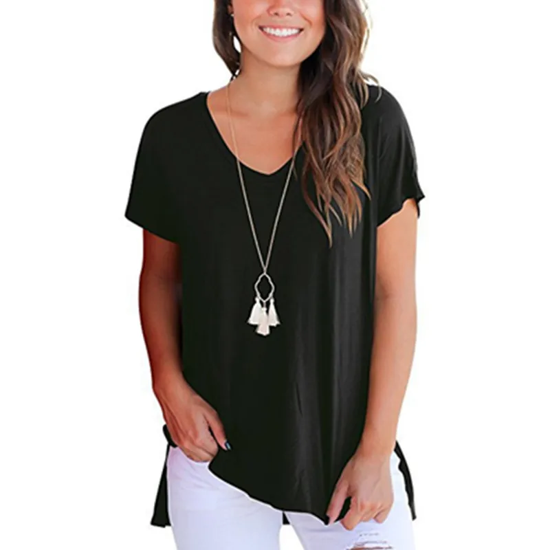 2019 Summer Tops for Women Solid Short Sleeve T Shirt Casual V Neck Tops Fashion Side Split Loose Femme Tee Shirt Women
2019 Summer Tops for Women Solid Short Sleeve T Shirt Casual V Neck Tops Fashion Side Split Loose Femme Tee Shirt Women