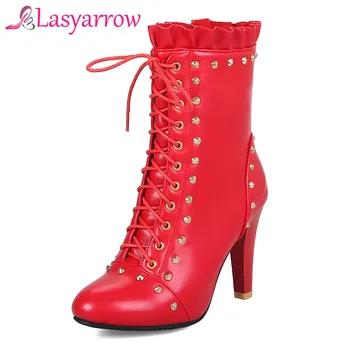 Lasyarrow Brand Shoes Woman Fashion Rivets Studded Ankle Boots Ruffle Motorcycle Boots High Heels Lace Up Short Boots Black Red
Lasyarrow Brand Shoes Woman Fashion Rivets Studded Ankle Boots Ruffle Motorcycle Boots High Heels Lace Up Short Boots Black Red