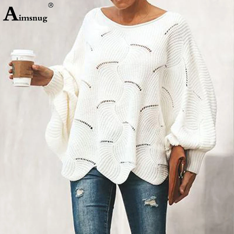 

White Black Preppy Solid Oversized Eyelet Detail Scallop Trim Batwing Sleeve Boat Neck Sweater 2019 Autumn Casual Women Sweaters