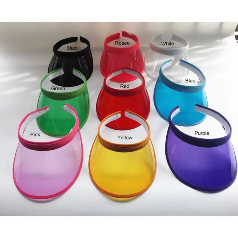 Unisex Summer Sweet Candy Color UV Protection Open Top Sun Visor Hat Transparent PVC Wide Brim Clip-On Sport Running Beach Cap
Unisex Summer Sweet Candy Color UV Protection Open Top Sun Visor Hat Transparent PVC Wide Brim Clip-On Sport Running Beach Cap