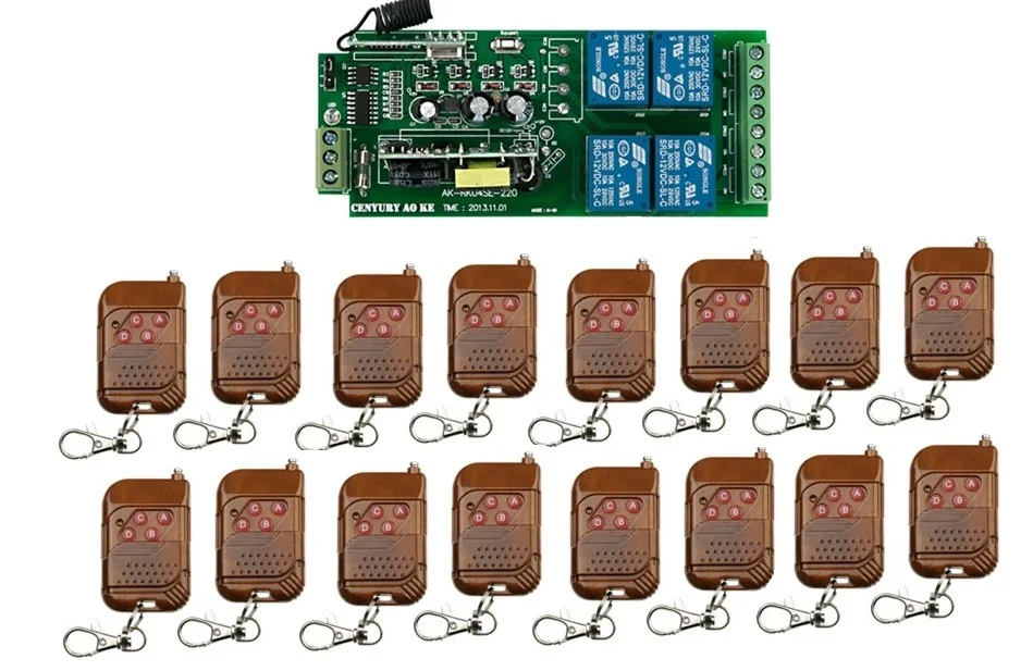 85v~250V 4CH RF Wireless Remote Control Relay Switch Security System Garage Doors 1 x Receiver & 16 x Transmitter
85v~250V 4CH RF Wireless Remote Control Relay Switch Security System Garage Doors 1 x Receiver & 16 x Transmitter