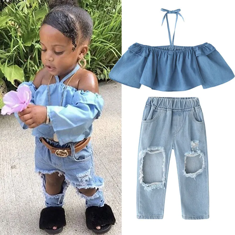 Girls ins Europe and America Clothing Sets Children's long sleeve V-neck strapless halter neck tops + hole denim pants clothes
Girls ins Europe and America Clothing Sets Children's long sleeve V-neck strapless halter neck tops + hole denim pants clothes