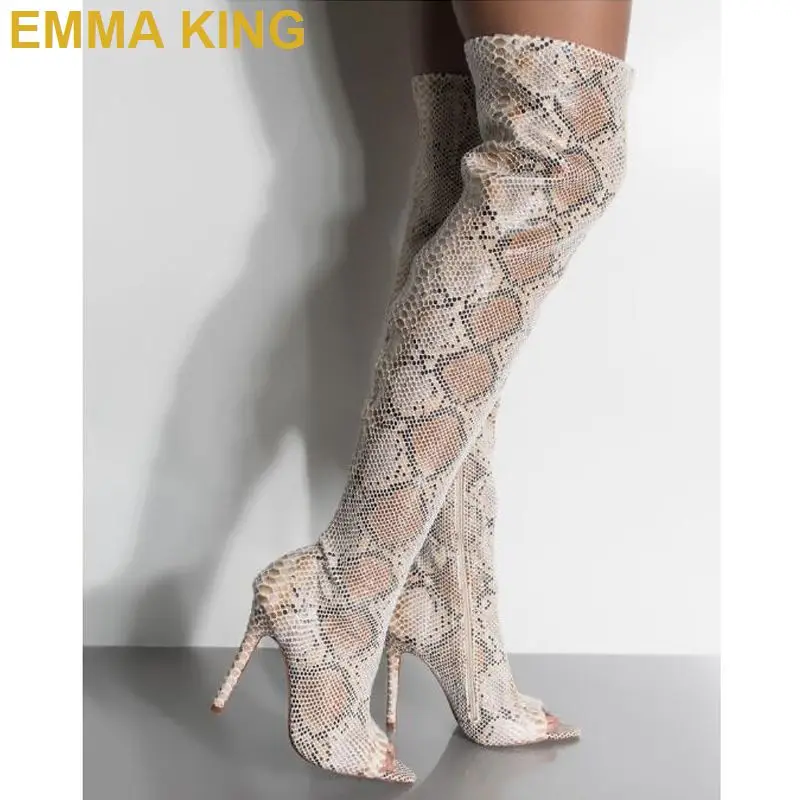 2019 Summer Snakeskin Women Over The Knee Thigh High Boots Peep Toe Heels Pumps Sexy Ladies Autumn Shoes Long | Обувь