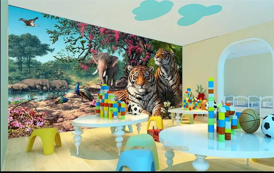 Пользовательские 3d фото обои детская комната росписи Тигр Слон Павлин Дерево