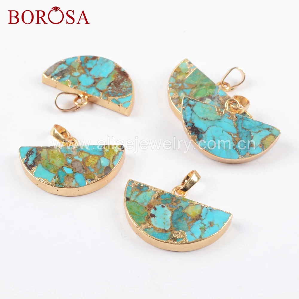 BOROSA 5PCS Gold Color Copper Turquoises Half Round Shape Natural Blue Stone Pendant Beads For Women's Necklace Jewelry G1685
BOROSA 5PCS Gold Color Copper Turquoises Half Round Shape Natural Blue Stone Pendant Beads For Women's Necklace Jewelry G1685