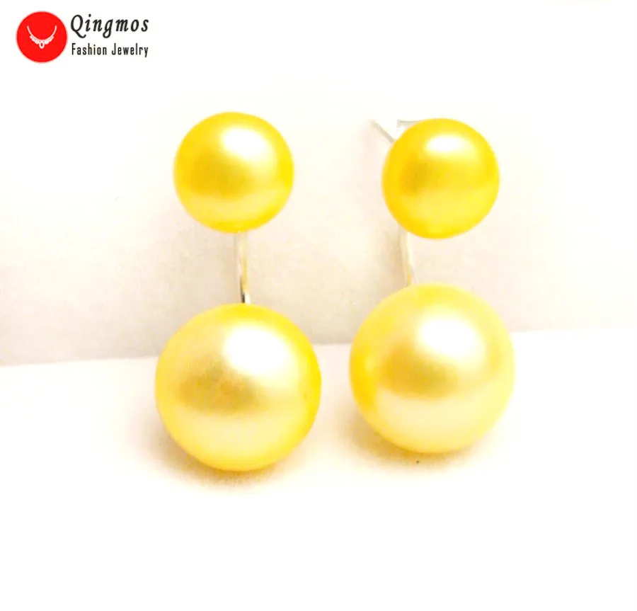 Qingmos Front Back Natural Pearl Earrings for Women with 8-11mm Yellow Flat Dangle Double Sided Earring Stud Jewelry 701 | Украшения и