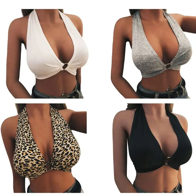 

Womens Sexy Plunging Deep V-Neck Bralette Halter Wide Strap Leopard Backless Crop Top Metal Ring Ruched Push Up Bustier Clubwear