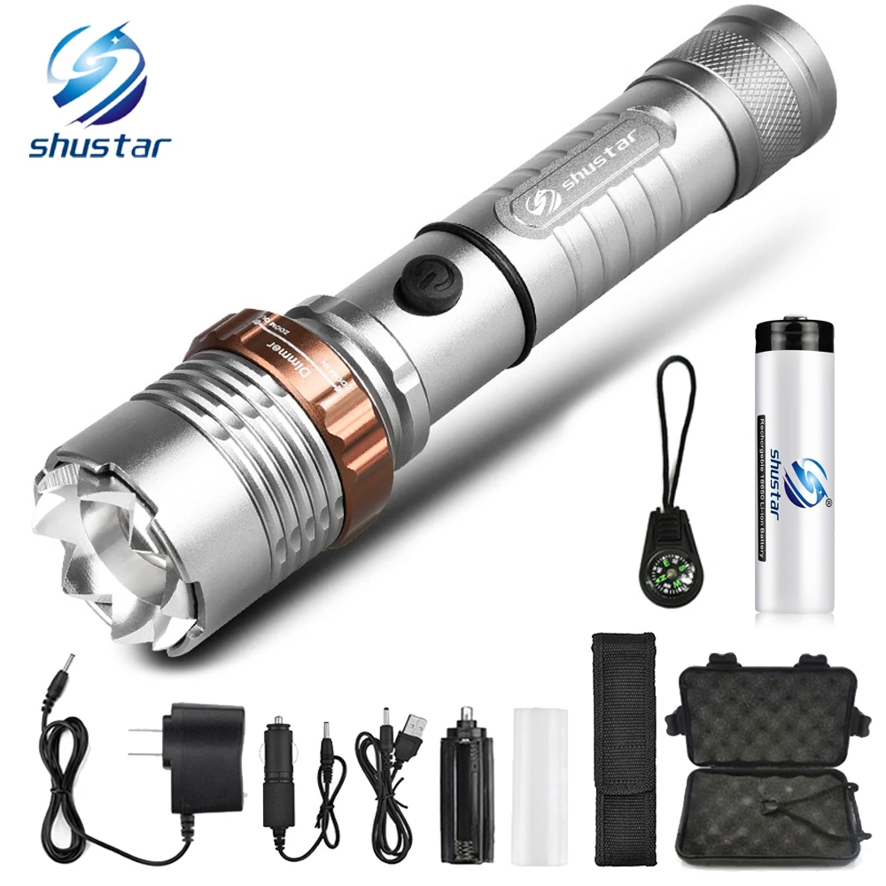 Powerful LED Flashlight With Attack head Self-defense Torch Support zoom 5 lighting modes Powered by 18650 battery with compass
Powerful LED Flashlight With Attack head Self-defense Torch Support zoom 5 lighting modes Powered by 18650 battery with compass