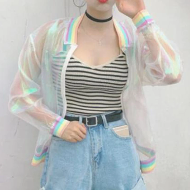 2019 Fashion Coat Women Iridescent Transparent Short Jacket Zipper Holographic Laser Rainbow Bomber Casual Tops | Женская одежда