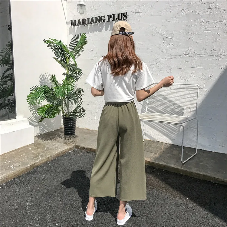 Plus Size - Casual Elastic Waist Loose Wide Leg Pants Preppy Style Trousers Female Palazzo Pants (Us 18W-20W)