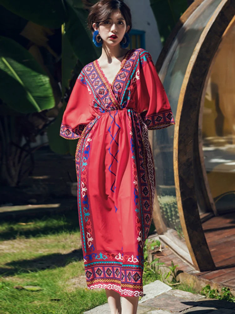 New Women Clothes Ethnic Style Dress Seaside Holiday Bohemian V-neck Loose Thin Beach Female Summer | Женская одежда