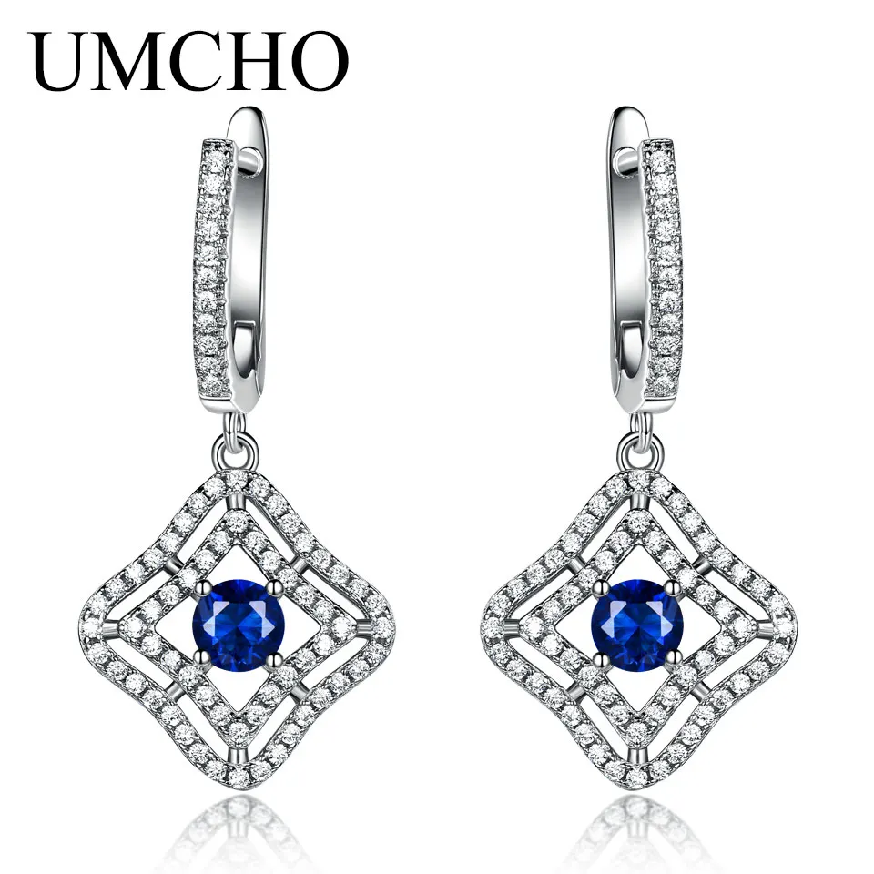 

UMCHO Blue Sapphire Long Clip Earrings For Women Real Silver 925 Jewelry Designer Luxury Gemstone Women Accessories 2018 New