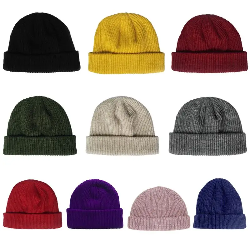 

Unisex Ribbed Knitted Short Melon Cap Cuffed Solid Color Single Flanging Skullcap Baggy Retro Beanie Hat Slouchy Hip Hop