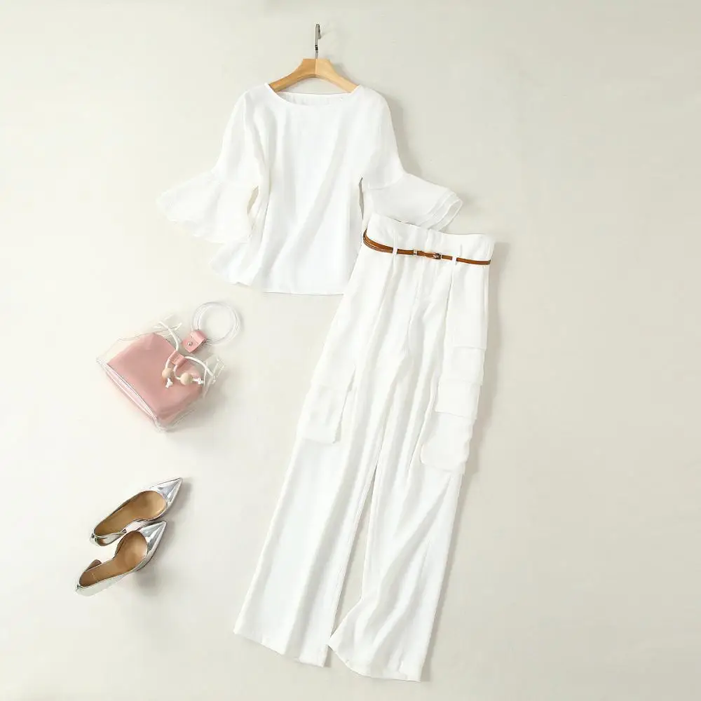 Women 2019 summer white tops and blouses Set flare sleeve organza + belt full length pants suit two piece outfits solid color
Women 2019 summer white tops and blouses Set flare sleeve organza + belt full length pants suit two piece outfits solid color