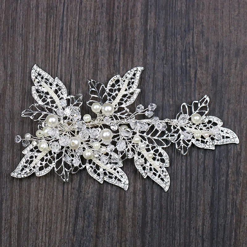 Handmade Silver Barrettes Wedding Hair Accessories Pearl Head Clip Rhinestone Hair Ornament Leaves Crystal Style Hair Decoration (1)