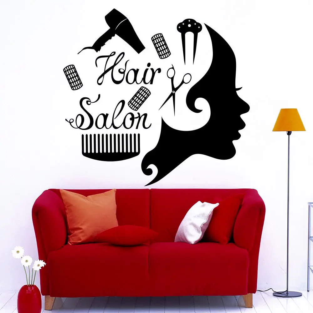 Фото Настенная Наклейка для парикмахерской девушек лица ножниц расческа фен волос