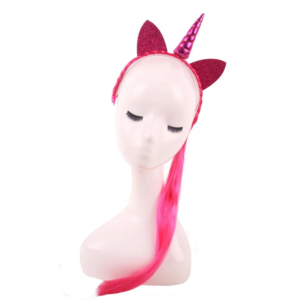 Nishine Rainbow Color Ponytail Unicorn Headbands Glitter Ears Kids Girls Princess Braid Wig Hairbands Hair Accessories 20