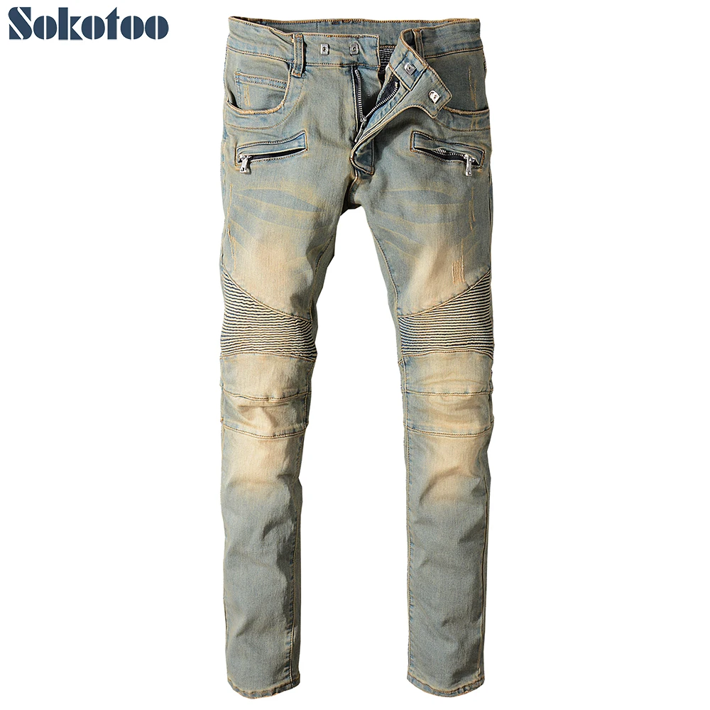 Sokotoo Men's plus size vintage slim straight biker jeans for motorcycle Patchwork pleated stretch denim pants
Sokotoo Men's plus size vintage slim straight biker jeans for motorcycle Patchwork pleated stretch denim pants