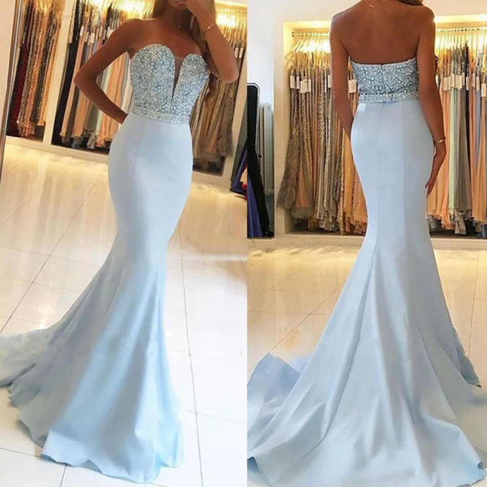 Modest Light Blue Prom Dresses 2019 Sweetheart Crystal Beading Mermaid Sexy Back Sweep Train Evening Party Pageant Gowns Cheap
Modest Light Blue Prom Dresses 2019 Sweetheart Crystal Beading Mermaid Sexy Back Sweep Train Evening Party Pageant Gowns Cheap