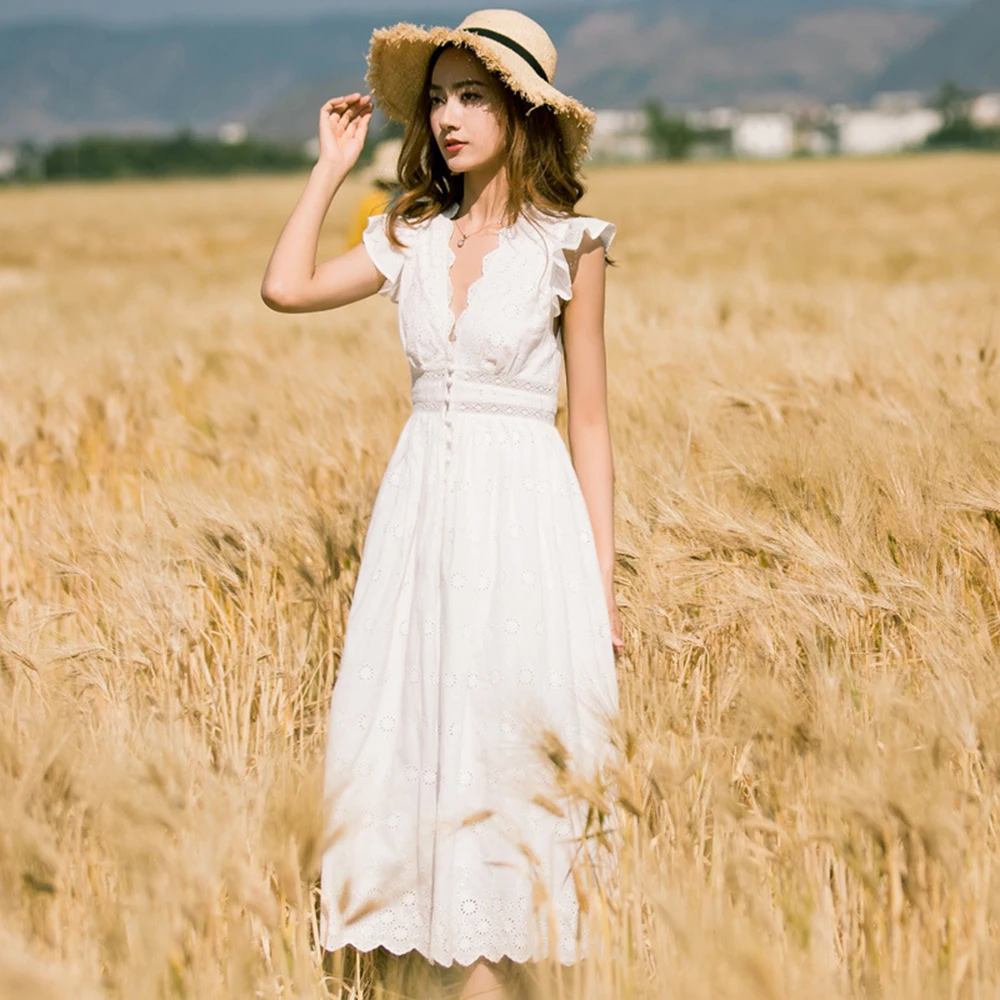 2019 Summer White Embroidery Women Dress Vintage Ruffles Sexy Deep V Neck Short Sleeve Midi Dresses Casual Loose Beach Dress
2019 Summer White Embroidery Women Dress Vintage Ruffles Sexy Deep V Neck Short Sleeve Midi Dresses Casual Loose Beach Dress