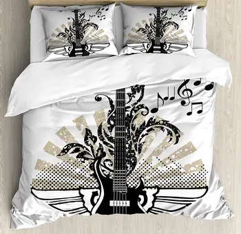 Guitar Duvet Cover Set Geometrical Elements Stripes Swirls Dots Lines and Musical Notes Rock and Roll Decor 4 Piece Bedding Set
Guitar Duvet Cover Set Geometrical Elements Stripes Swirls Dots Lines and Musical Notes Rock and Roll Decor 4 Piece Bedding Set