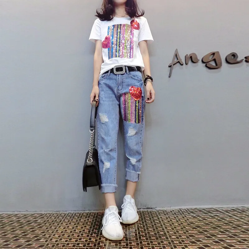 Summer Two Piece Sets Women Plus Size Short Sleeve Sequins Tshirts And Denim Ripped Jeans Sets Suits Casual Women's Sets S-3XL
Summer Two Piece Sets Women Plus Size Short Sleeve Sequins Tshirts And Denim Ripped Jeans Sets Suits Casual Women's Sets S-3XL