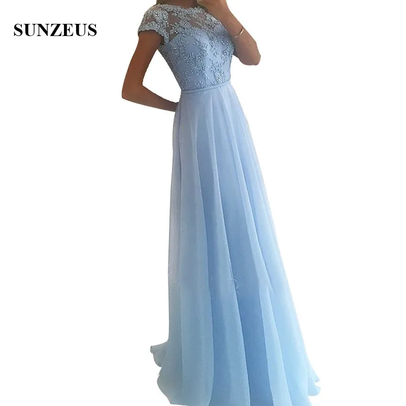 A-line Cap Sleeve Beaded Lace Bridesmaid Dresses Sky Blue Chiffon Long Wedding Party Gowns Low Back Women Guest Dress | Свадьбы и