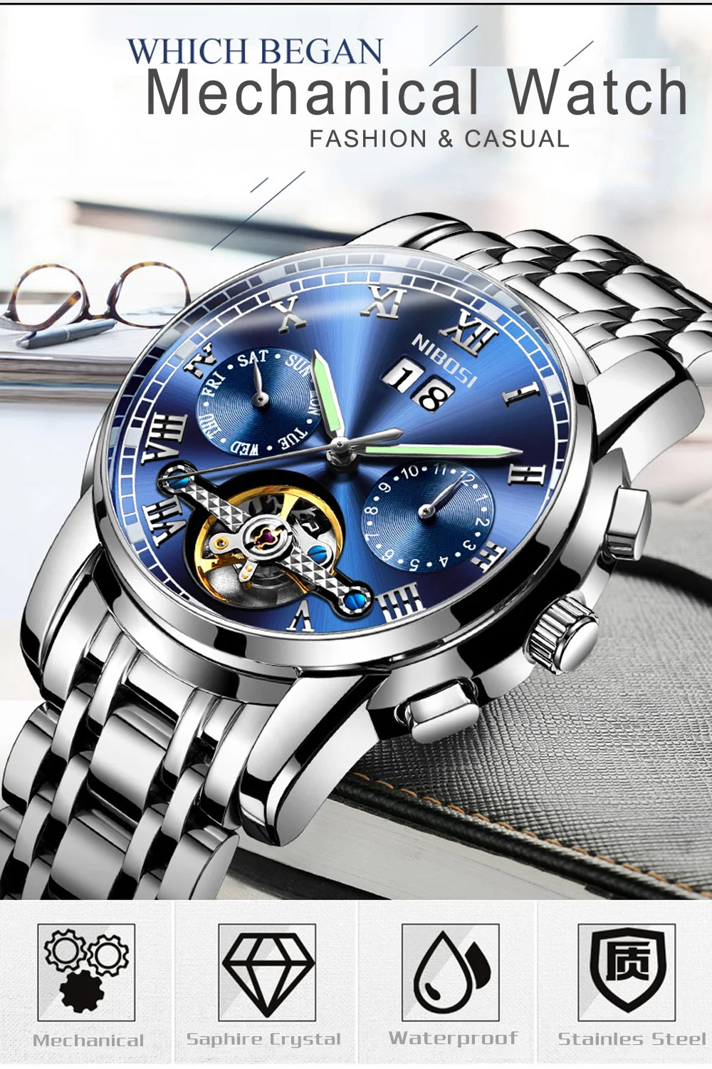NIBOSI Skeleton Automatic Mechanical Watches For Men Full Steel Strap Clock Luminous Luxury Watch Men's Relogio Masculino (4)