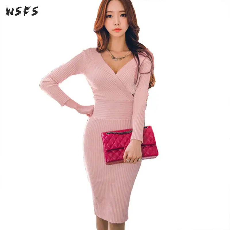Autumn Knitted Dress Pink Vneck Full Sleeve Womens Dress Vintage Office Ladies Bodycon Bandage Sexy Party Midi Pencil Dress 2018
Autumn Knitted Dress Pink Vneck Full Sleeve Womens Dress Vintage Office Ladies Bodycon Bandage Sexy Party Midi Pencil Dress 2018