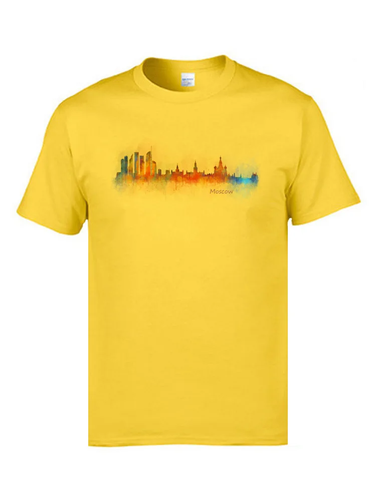 Comics Top T-shirts Short Sleeve Family Discount Men Labor Day Tops Shirt Family Tops T Shirt Round Collar Cotton Fabric Moscow Skyline in watercolor digital art. V1 yellow