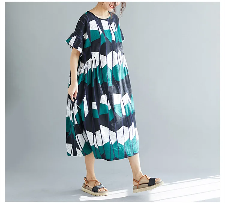 Geometry Irregular Print Cotton Linen Casual Summer Dress 2019 O-neck Short Sleeve Women Midi Dress Vestidos (1)