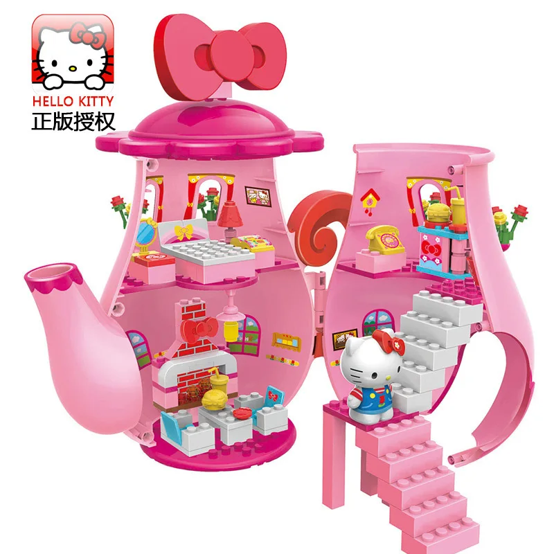 Hello kitty Model Building blocks Hello Kitty Teapot Strawberry Chaosheng Amusement Park Children's Toy House