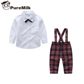 Baby clothes gentleman baby kid clothes plaid overalls with white shirt with bow baby boy clothes